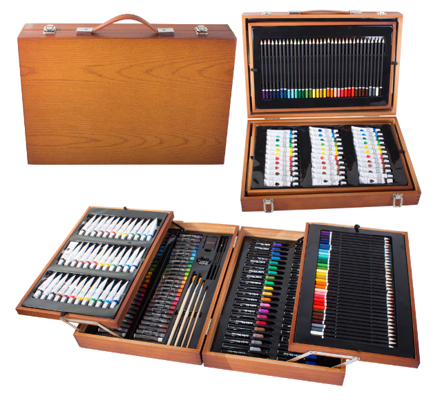 Valise en bois pour dessin et peinture (174 pièces)